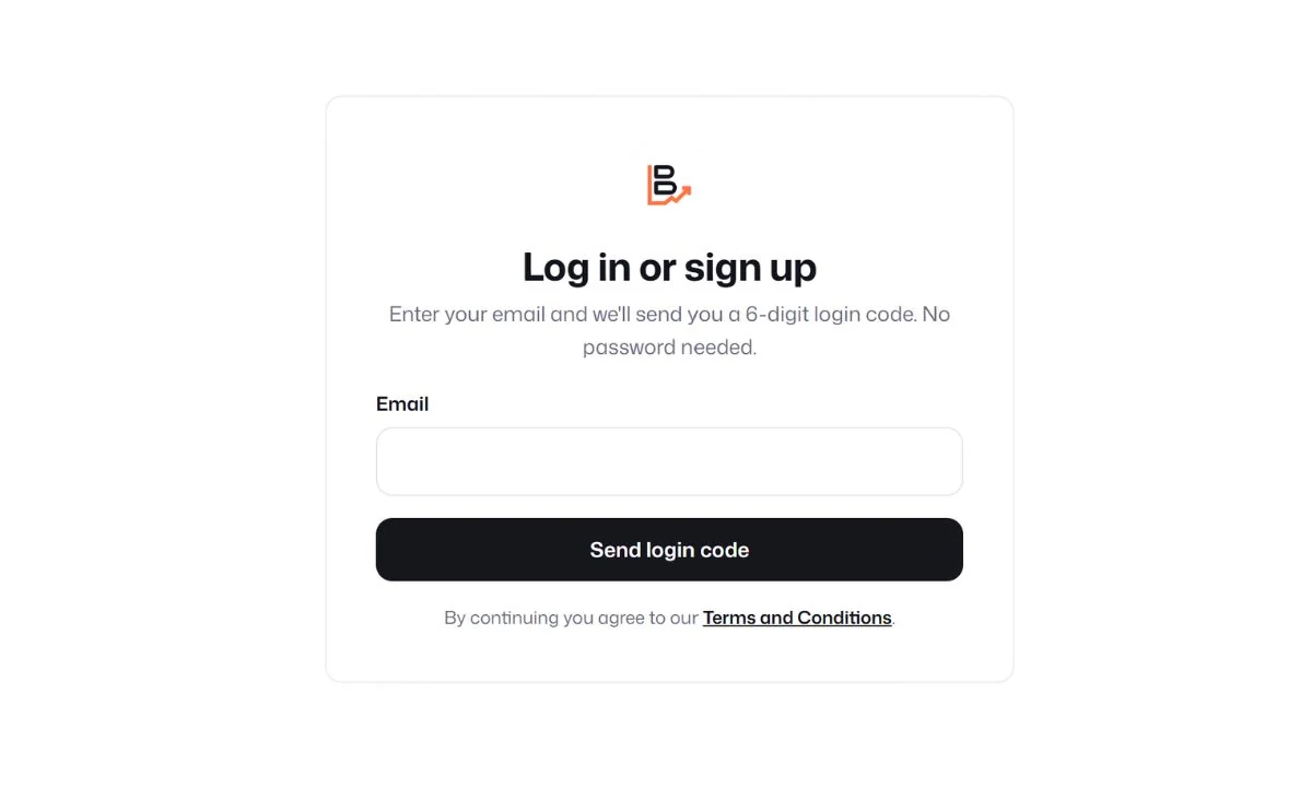ListingsBiz log in or sign up screen: enter your email to get a 6-digit login code, no password needed