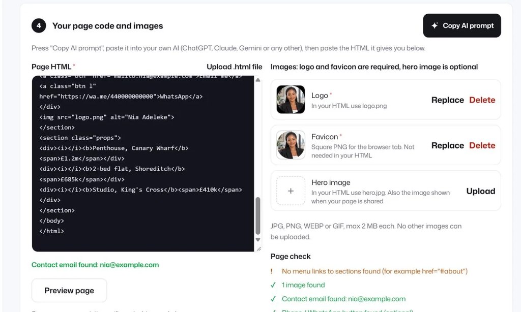 The Listings Biz VIP form, step 4, with the Copy AI prompt button and the Page HTML box