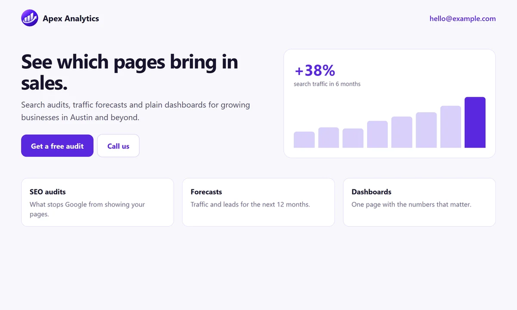 Example VIP page for a made-up data agency called Apex Analytics, shown on a Listings Biz address